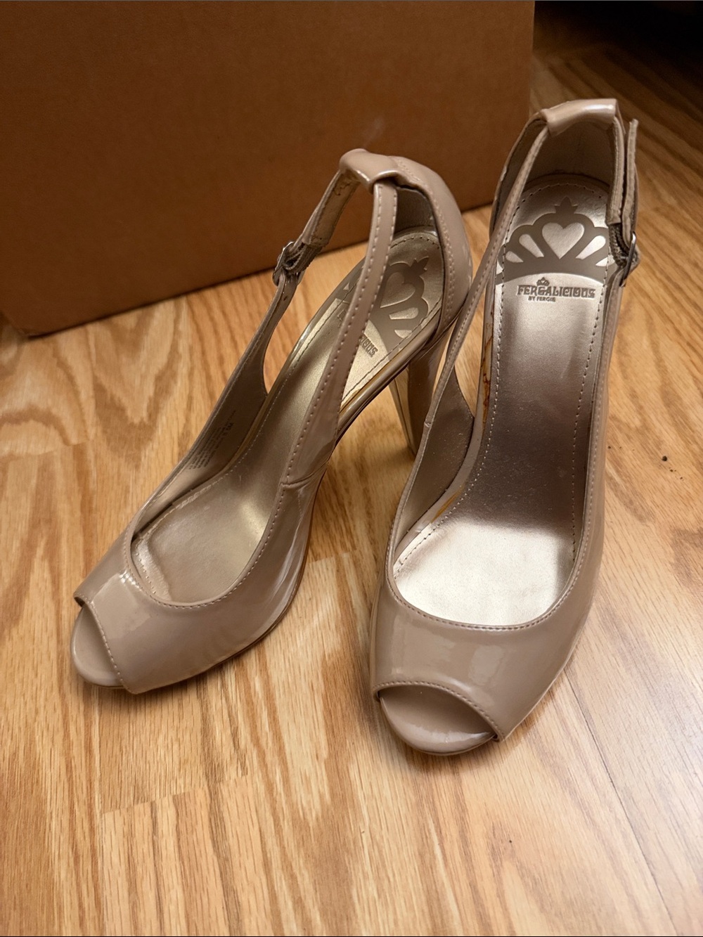 Fergalicious Nude Patent Peep-Toe Slingback Heels